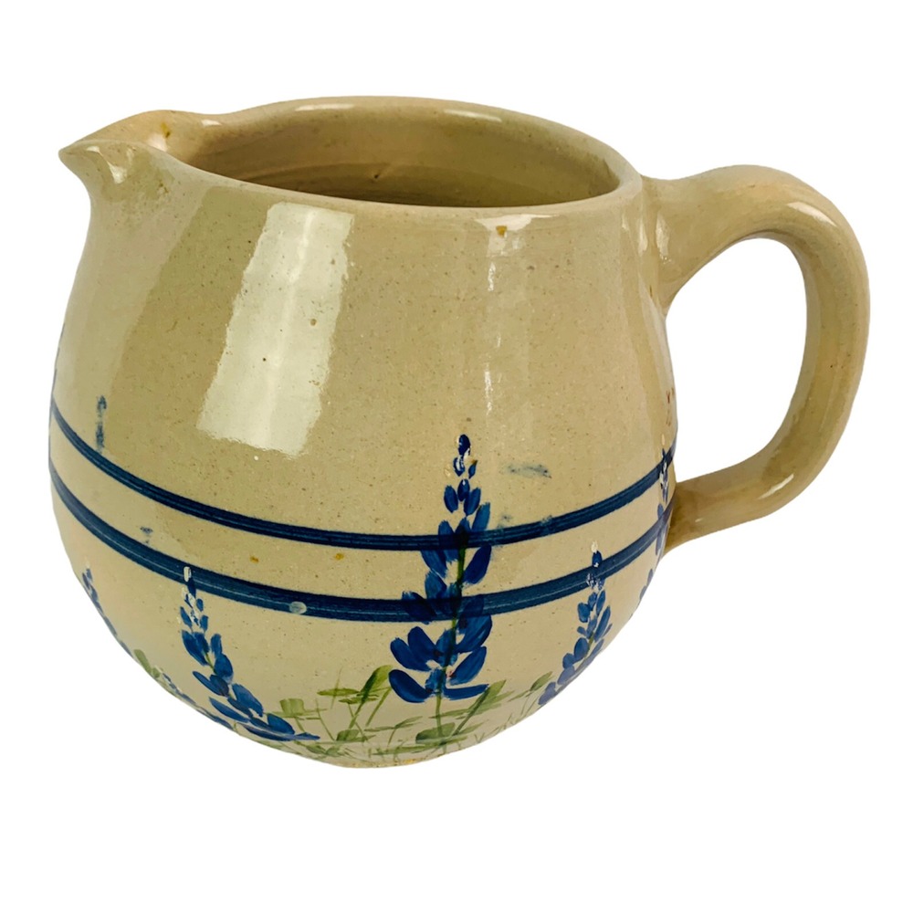 Texas Bluebonnet Ceramic Pitcher Flowers 1 Quart Handle Stoneware Hand Painted